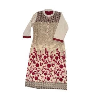 Tan gold red embellished long tunic XL roses kameez Indian Pakistani traditional